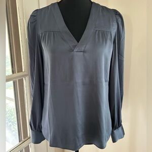 WHBM Long Sleeve V-neck Topstitch Satin Blouse